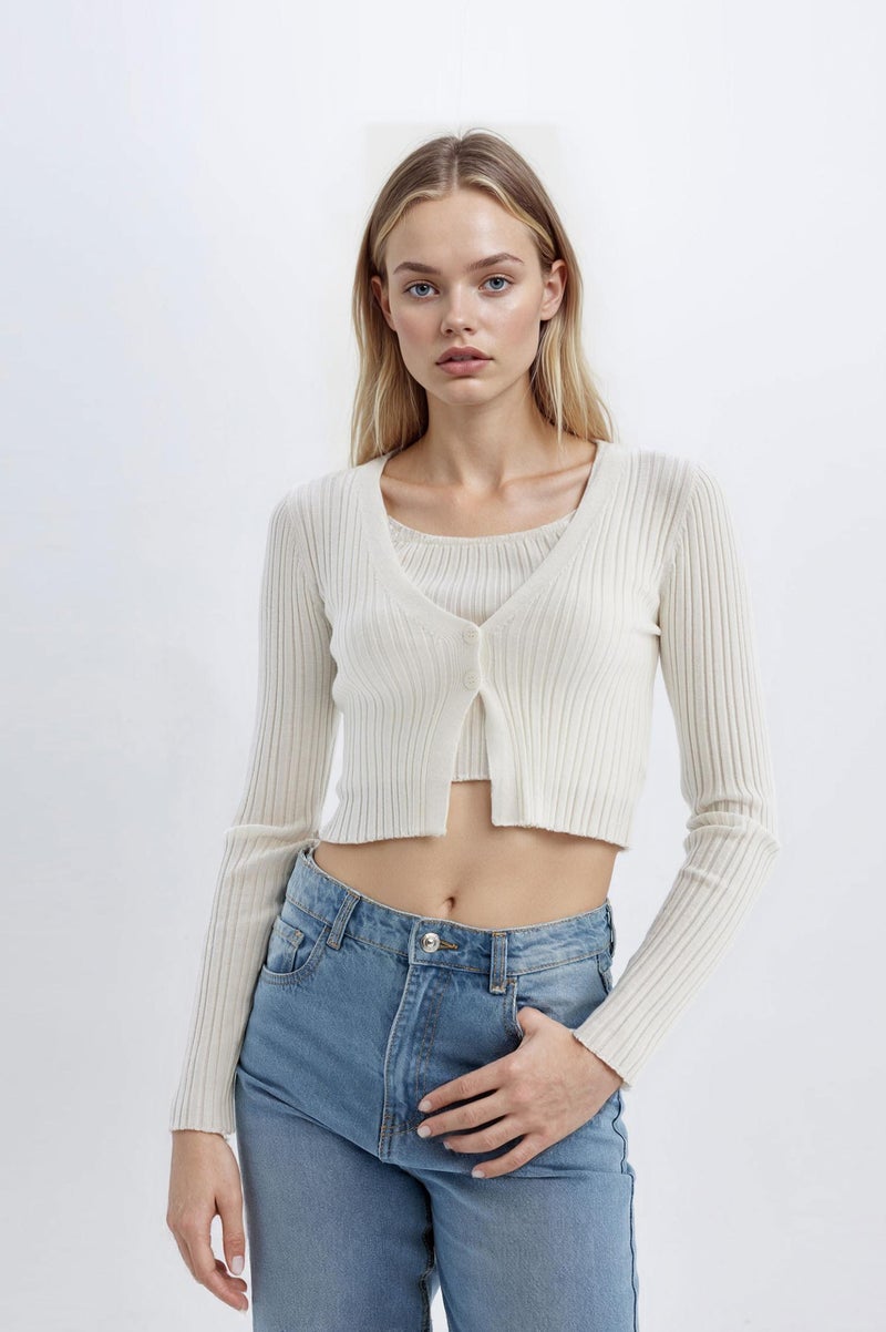 DeFacto Beige Woman Regular Fit V-Neck Knitwear Cardigan Casual - Image 3